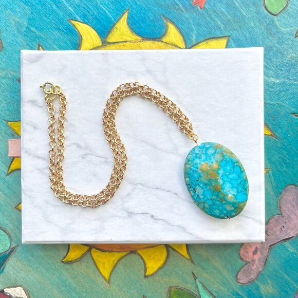 Turquoise Marble Stone Pendant on Gold Chain Necklace - Picture 3 of 6